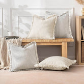 MIULEE Linen Striped Farmhouse Couch Throw Pillow Covers with Fringe (Pack of 2) - Miulee