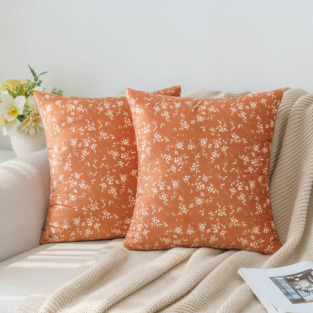 KWLET Pillow Covers 18x18 Inch Spring Summer Flower Boho Decorative Pillow  Covers Linen Cushion Cover Home Decor Orange Pink Flowers Throw Pillows Set