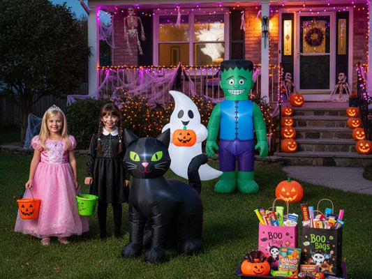 2025 Halloween: Barbie, Wednesday costumes, inflatables, and Boo Bag.