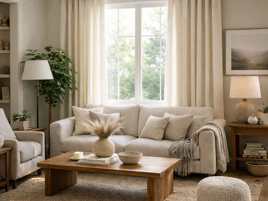 A Quiet Living Rooms With Curtains in Natural Tone