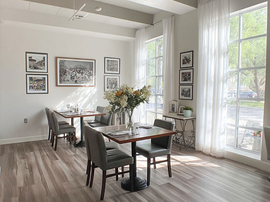 Light-Filtering Curtains in the Windows.
