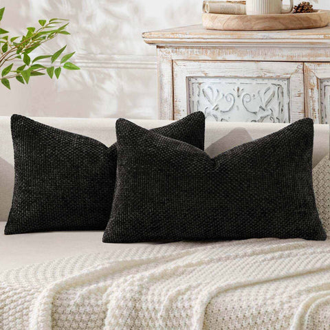 Soft Farmhouse Chenille Throw Pillows Covers Black 12x20-inch