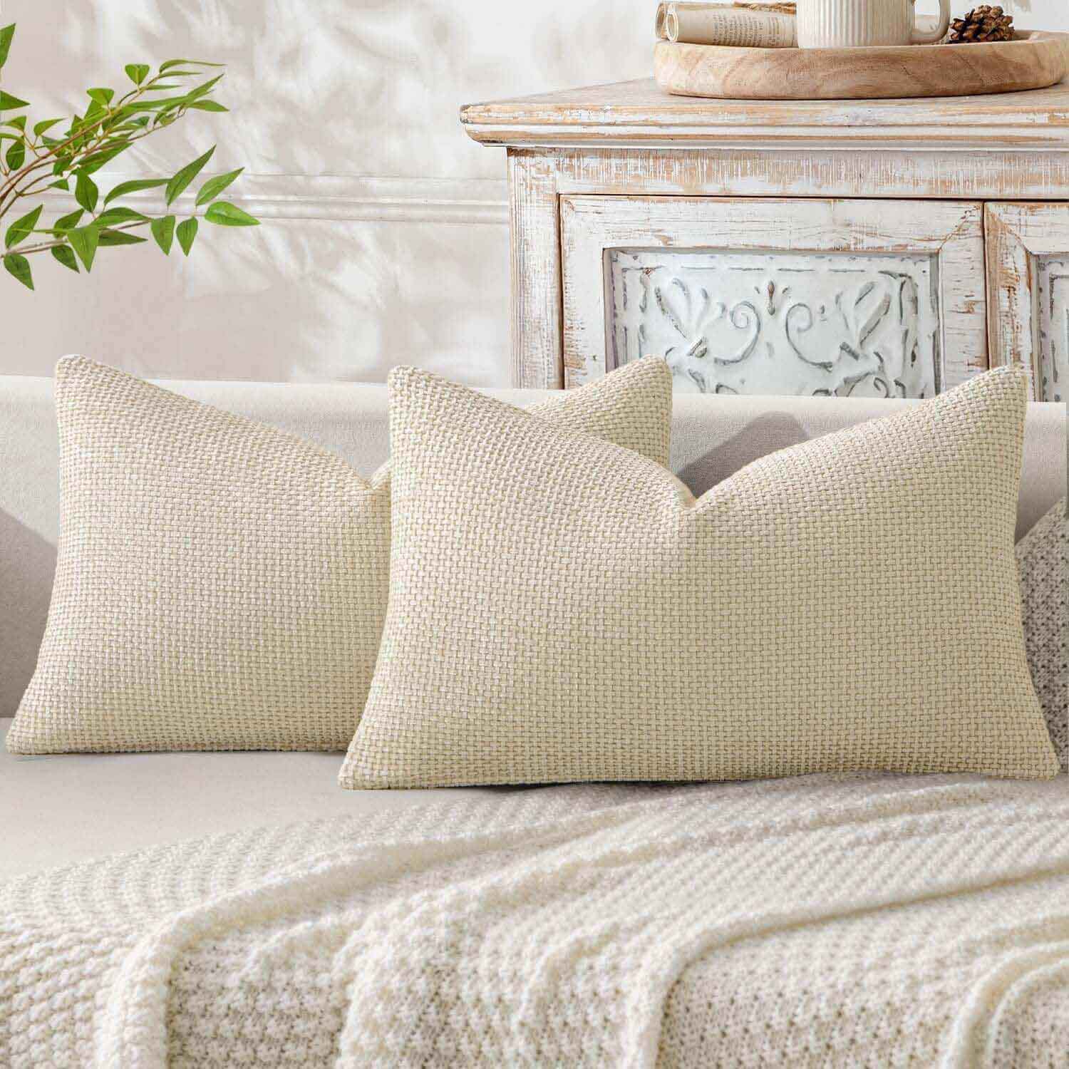 Soft Farmhouse Chenille Throw Pillows Covers Cream 12x20-inch