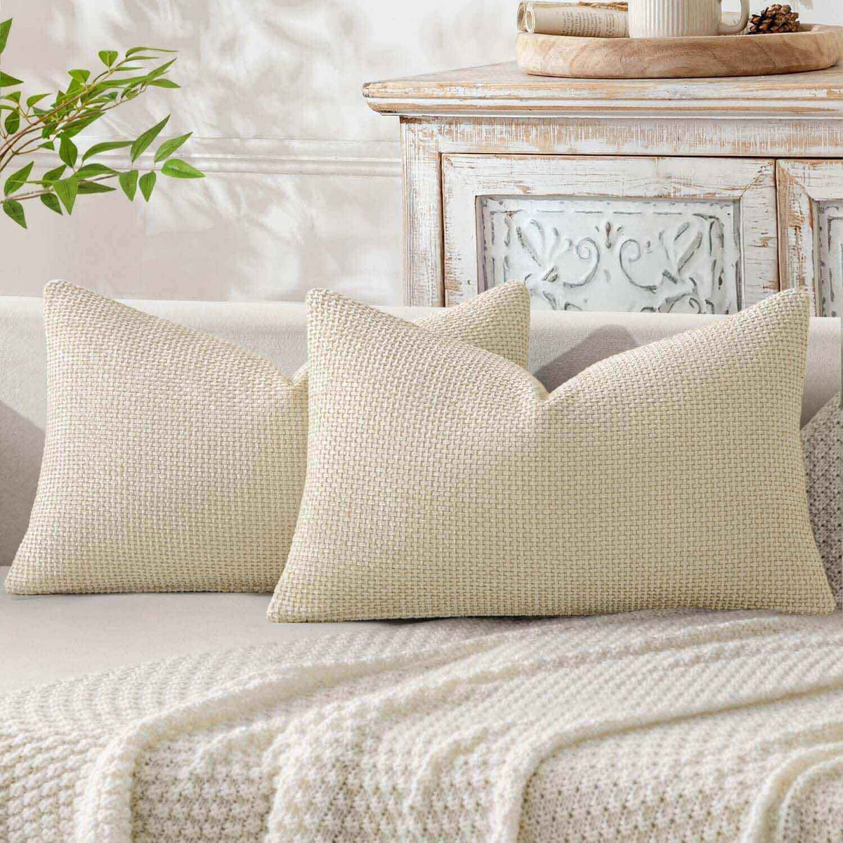 Soft Farmhouse Chenille Throw Pillows Covers Cream 12x20-inch