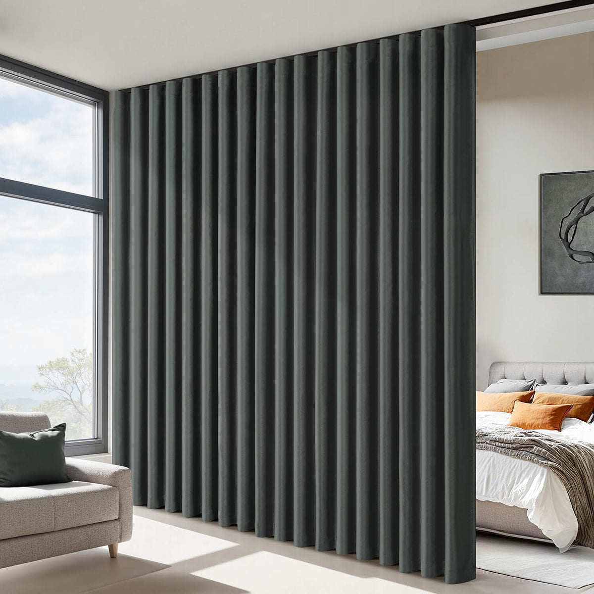 Room Divider Extra Wide Blackout Ceiling Curtain Track Rod Dark Grey 180Wx96L