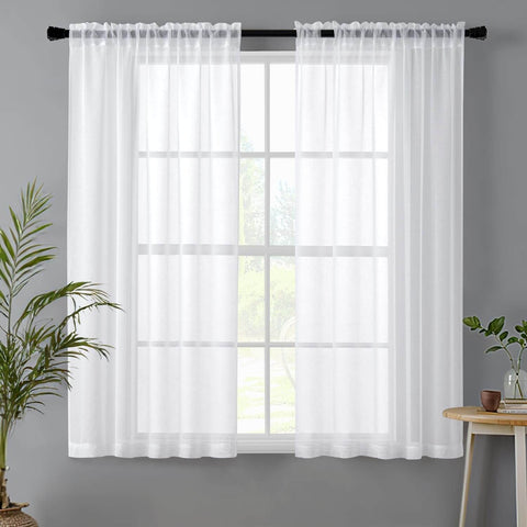 Miulee Sheer Curtains Linen Textured Rod Pocket Light Filtering Voile Window Drapes White 42Wx54L