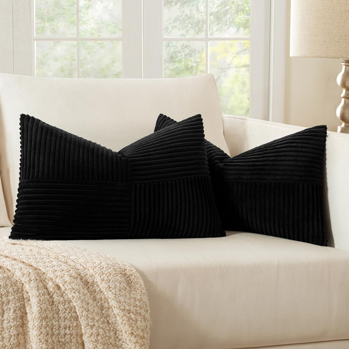 MIULEE Black Corduroy Pillow Covers Pack of 2 Boho Decorative Spliced Throw Pillow Covers Soft Solid Couch Pillowcases Cross Patchwork Textured Cushion Covers for Living Room Bed Sofa 14x24 inch