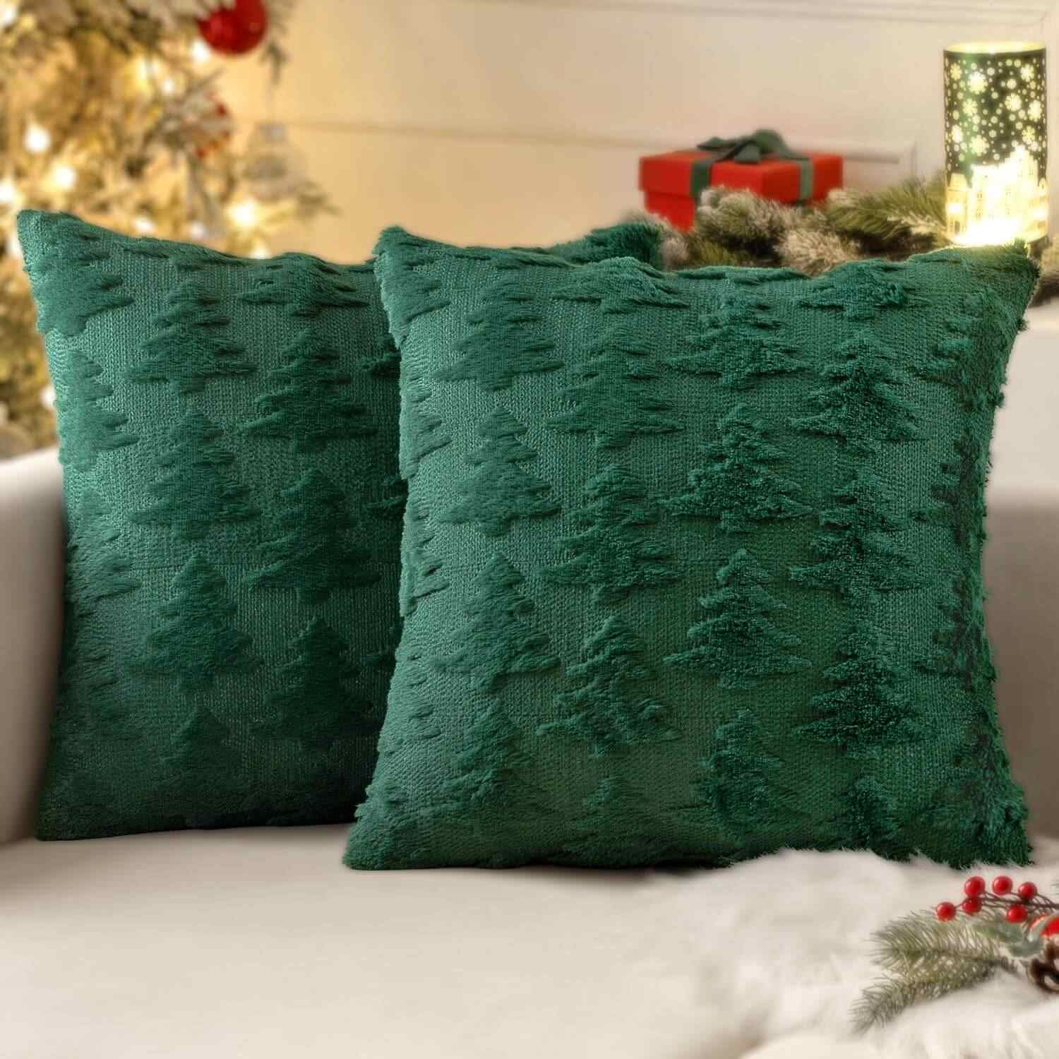 Christmas Tree Faux Wool Throw Pillow Covers Dark Green 22x22-inch