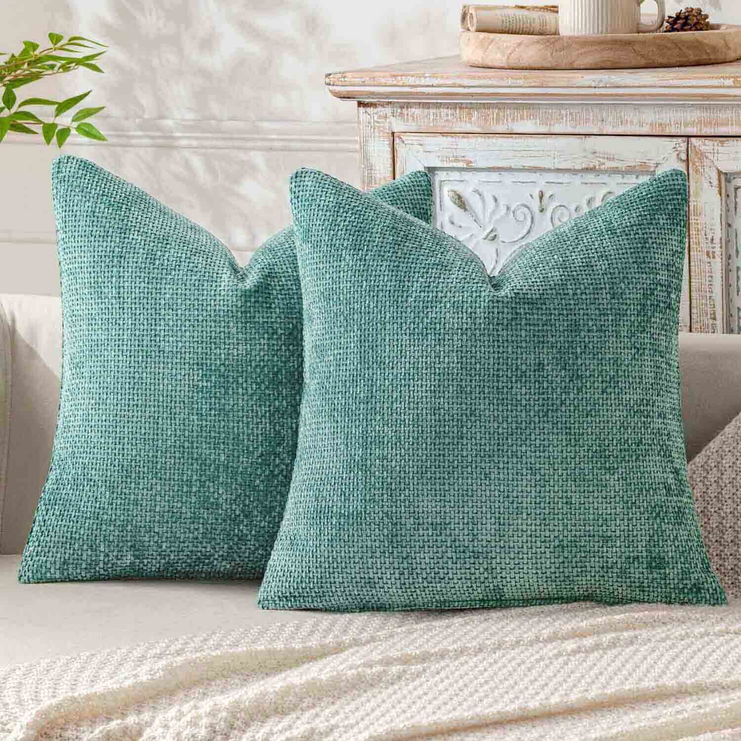 Soft Farmhouse Chenille Throw Pillows Covers Aqua Green 20x20-inch