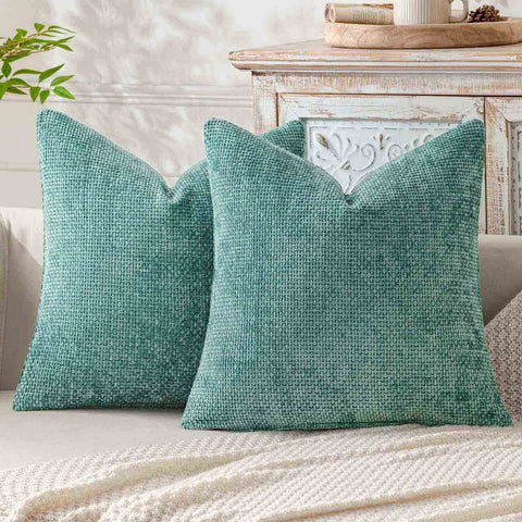 Soft Farmhouse Chenille Throw Pillows Covers Aqua Green 20x20-inch
