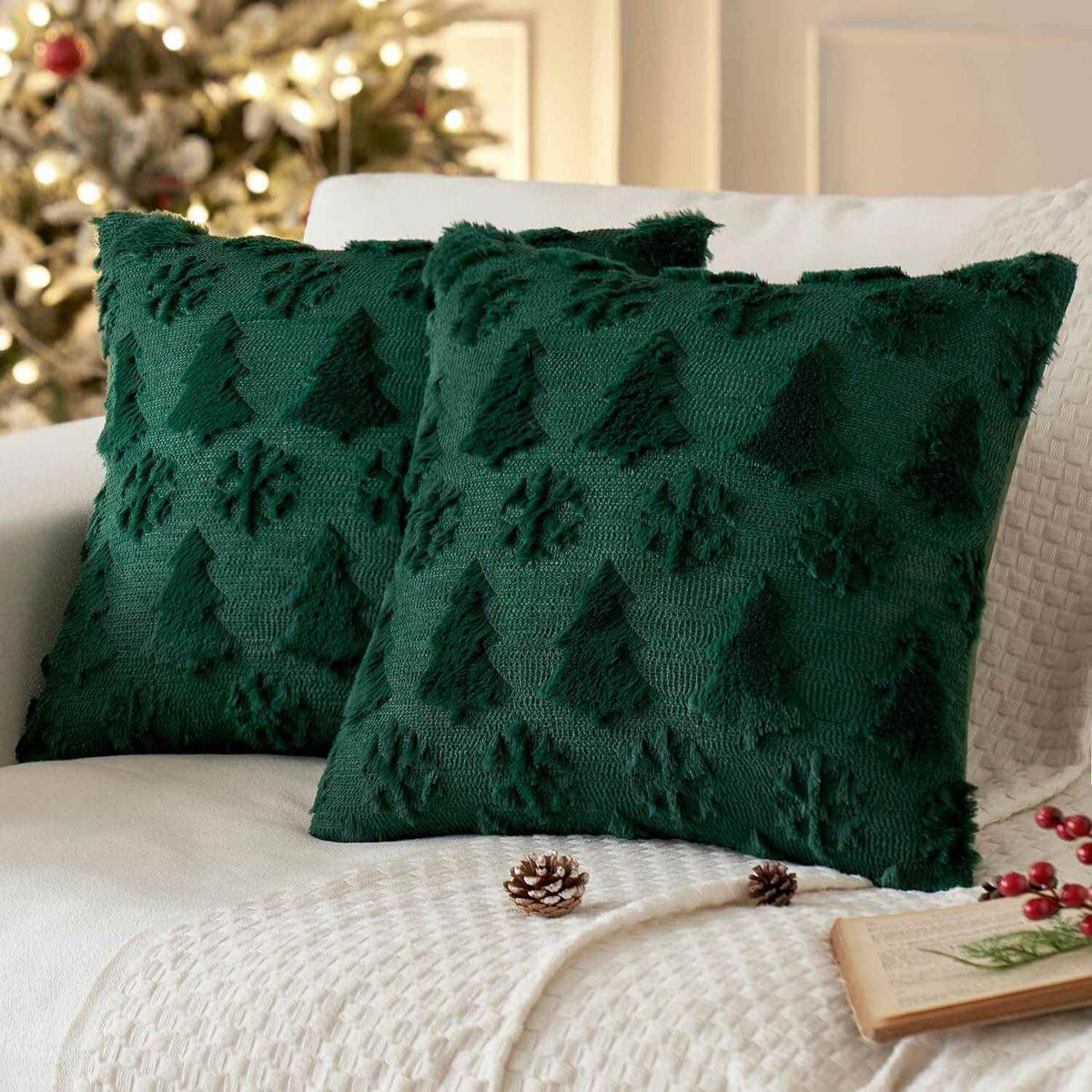 Christmas Tree Faux Wool Throw Pillow Covers Dark Green 16x16-inch