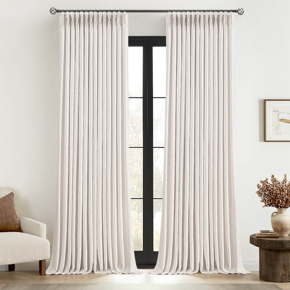 MIULEE Pinch Pleated Linen Curtains 96 Inches Long 2 Panels for Living Room Bedroom Thick Texture Linen Drapes Pleat Back Tab Light Filtering Boho Nautral Farmhouse Window Curtains with Hooks&Rings
