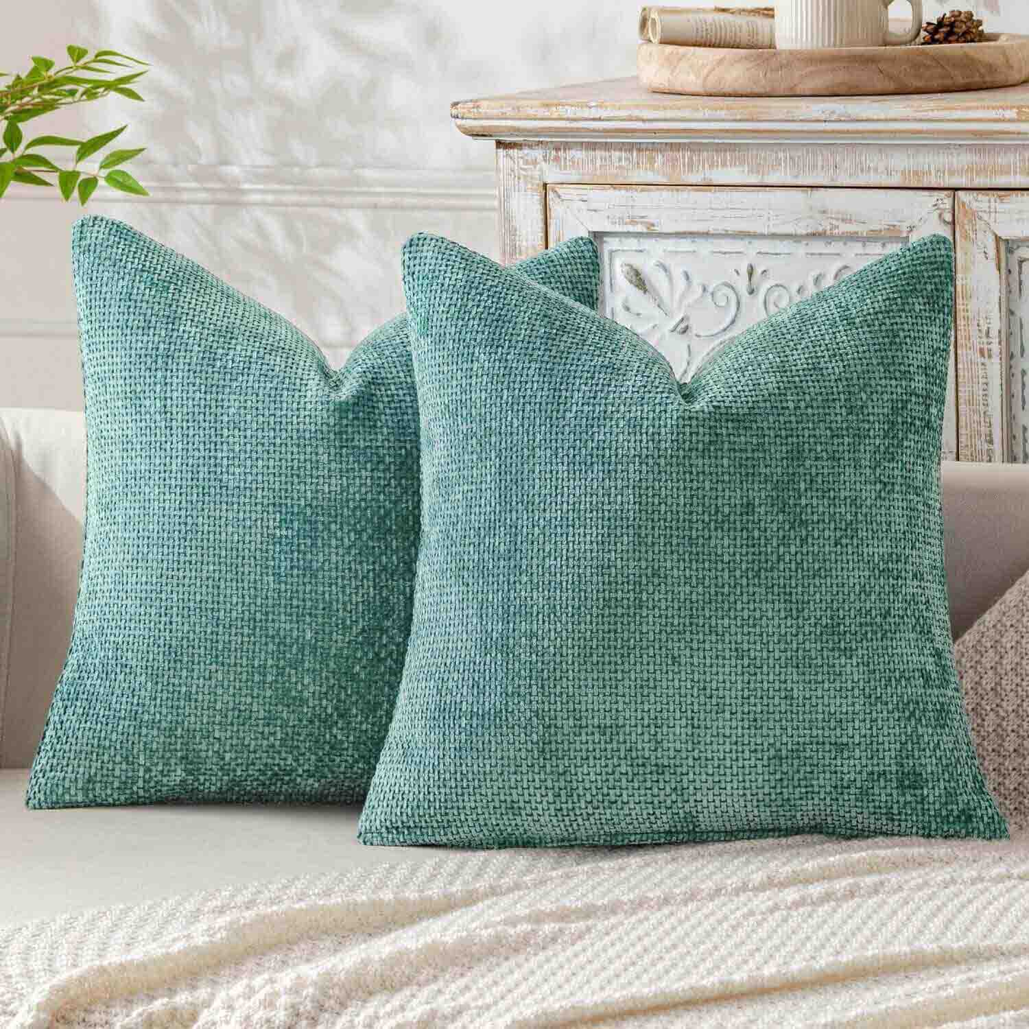 Soft Farmhouse Chenille Throw Pillows Covers Aqua Green 18x18-inch