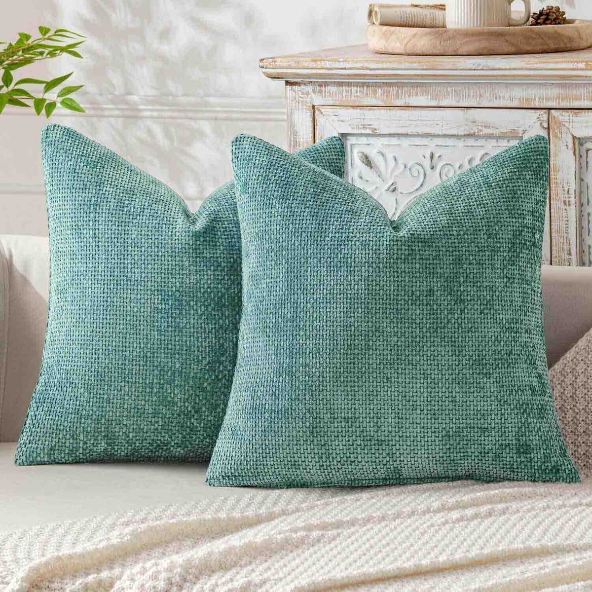 Soft Farmhouse Chenille Throw Pillows Covers Aqua Green 18x18-inch