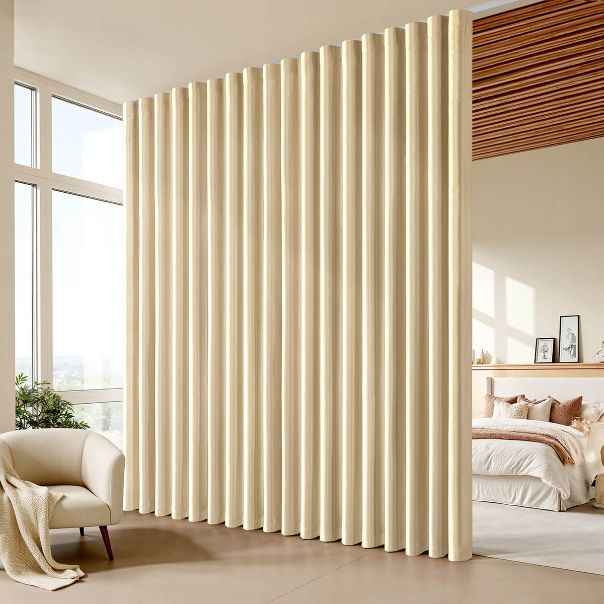Room Divider Extra Wide Blackout Ceiling Curtain Track Rod Beige 100Wx96L