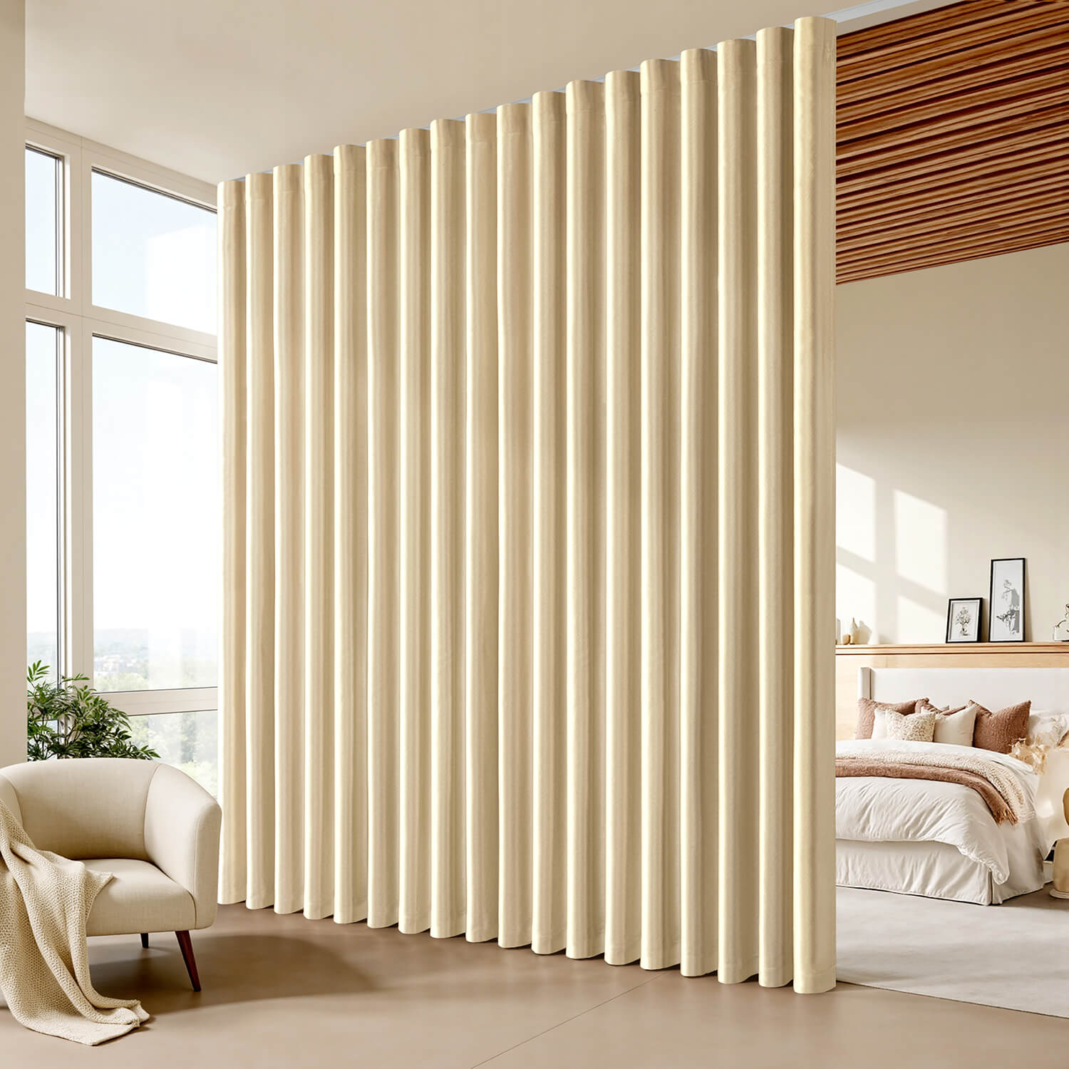 Room Divider Extra Wide Blackout Ceiling Curtain Track Rod Beige 100Wx84L
