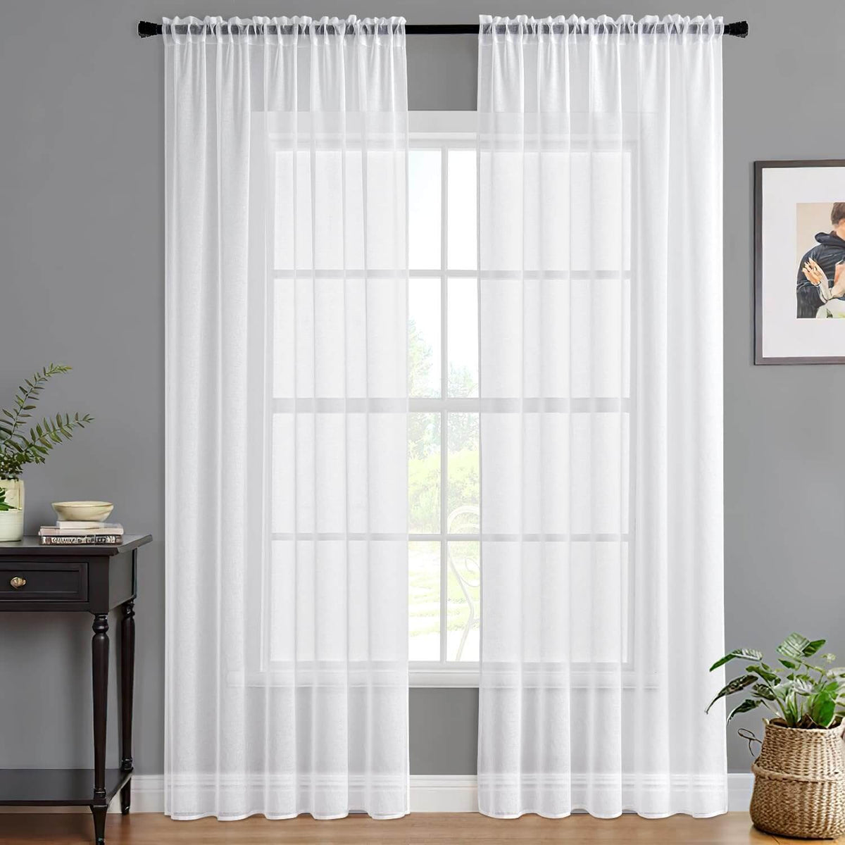 Miulee Sheer Curtains Linen Textured Rod Pocket Light Filtering Voile Window Drapes White 42Wx96L