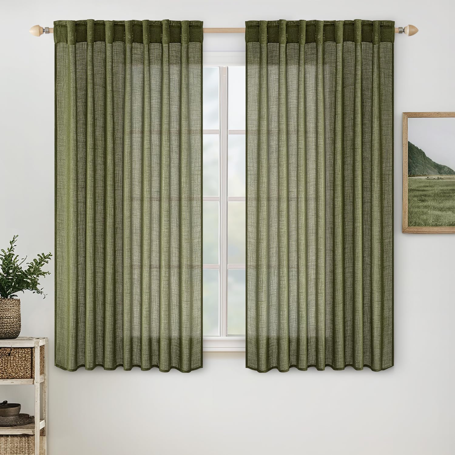 miulee soft thick linen textured window drapes back tab light olive green 52Wx45L