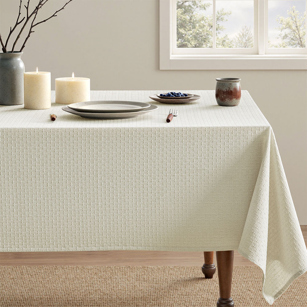 Linen Farmhouse Waterproof Spillproof Cross-Star Textured Tablecloth Ivory 84Lx60W