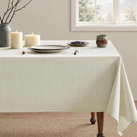 Linen Farmhouse Waterproof Spillproof Cross-Star Textured Tablecloth Ivory 84Lx60W