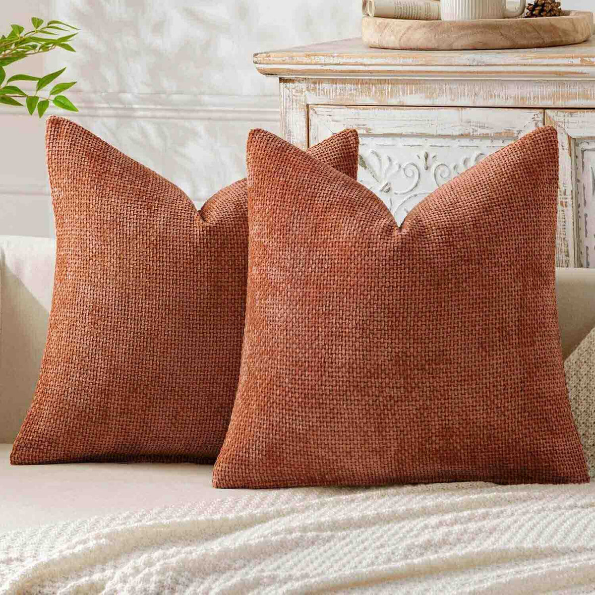 Soft Farmhouse Chenille Throw Pillows Covers Rust 20x20-inch