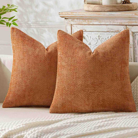 Soft Farmhouse Chenille Throw Pillows Covers Orange 18x18-inch