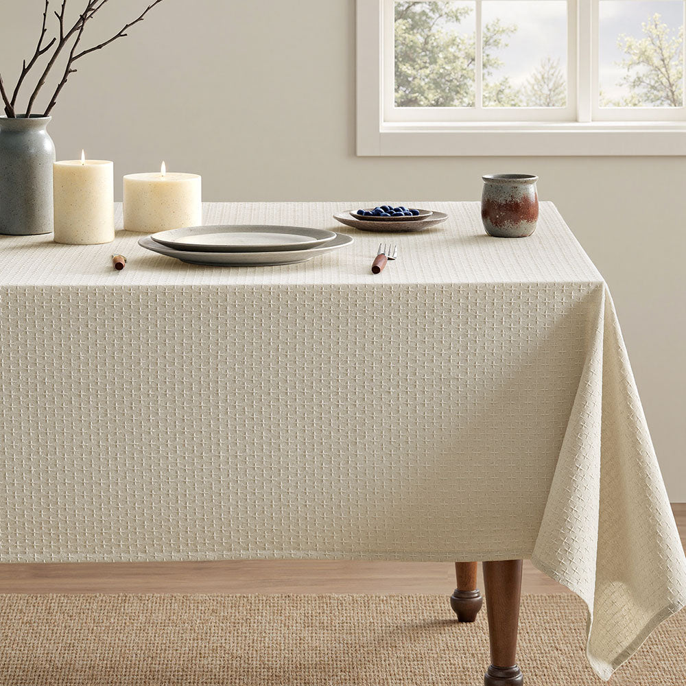Linen Farmhouse Waterproof Spillproof Cross-Star Textured Tablecloth Natural 144Lx60W