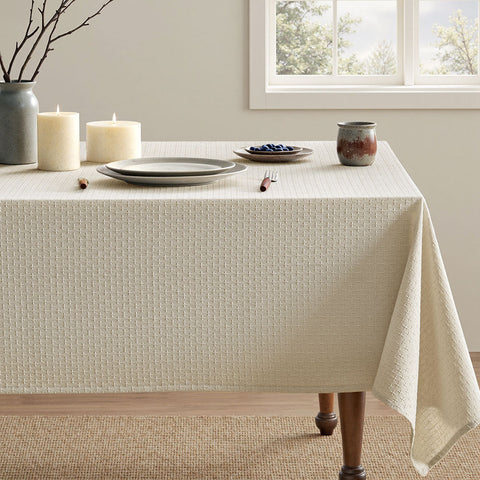 Linen Farmhouse Waterproof Spillproof Cross-Star Textured Tablecloth Natural 144Lx60W