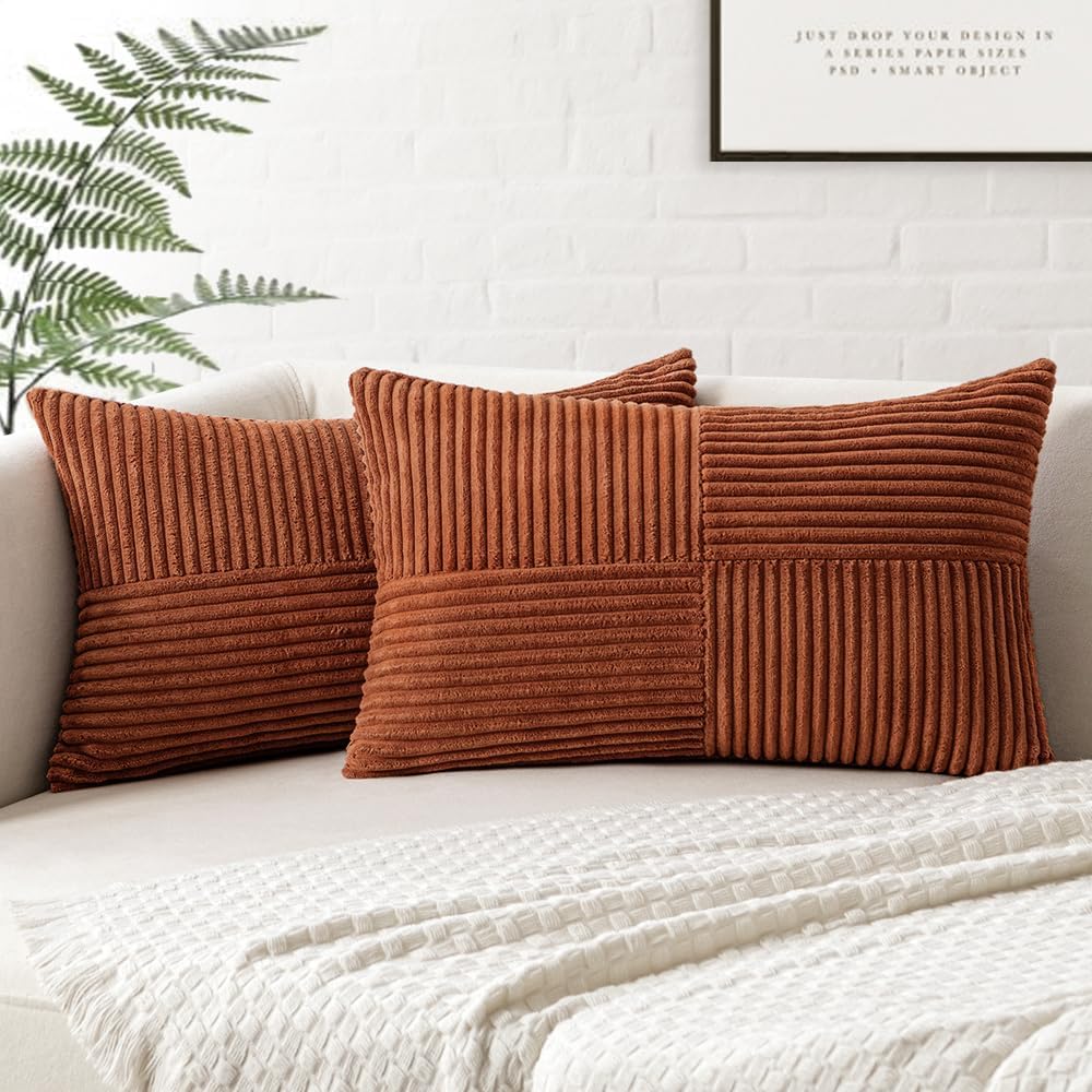 MIULEE Dark Rust Corduroy Pillow Covers Pack of 2 Boho Decorative Spliced Throw Pillow Covers Soft Solid Couch Pillowcases Cross Patchwork Textured Cushion Covers for Living Room Bed Sofa 14x22 inch