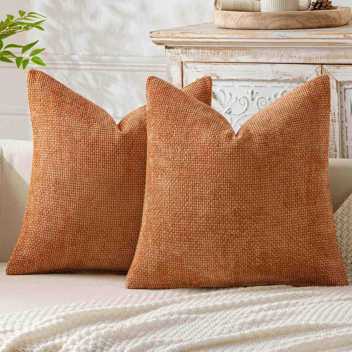 Soft Farmhouse Chenille Throw Pillows Covers Orange 20x20-inch