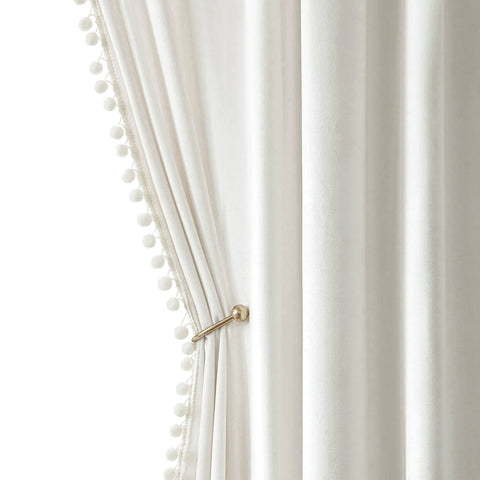 MIULEE Pom Pom Velvet Blackout Curtains Pure White 52Wx84L