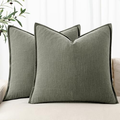 MIULEE Decorative Linen Pillow Covers 20x20 Inch Olive Green ?Boho Farmhouse Neutral Couch Throw Pillows for Bed Pack of 2 Accent Outdoor Pillowcase Modern Sofa Cushion Livingroom Home Decor