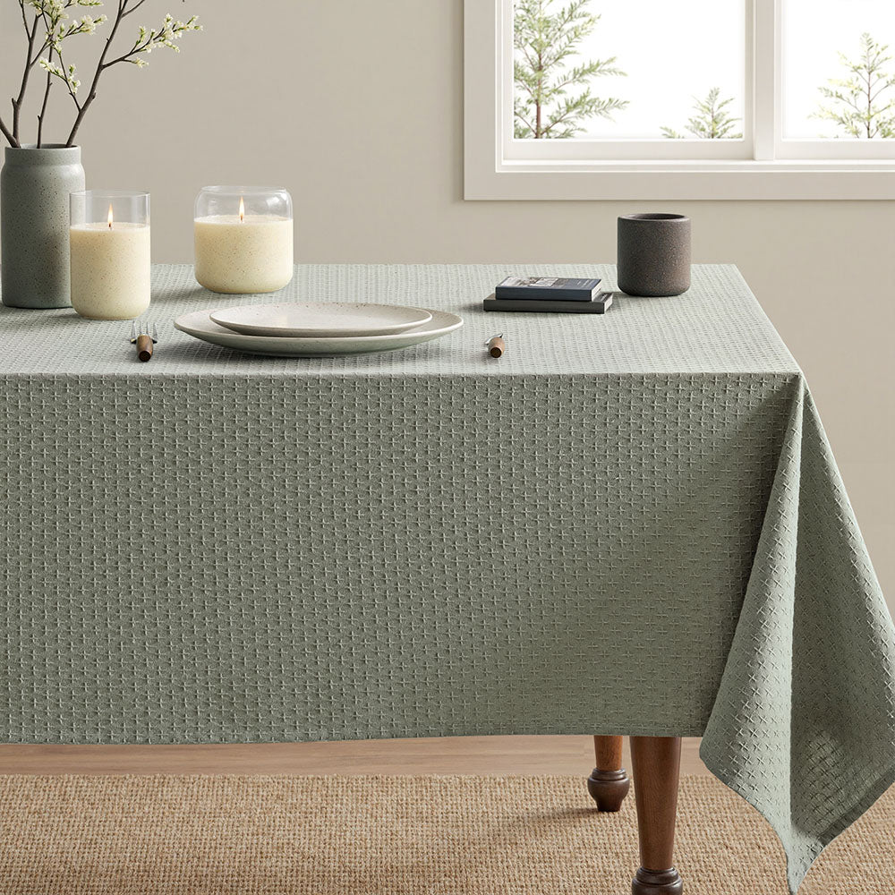 Linen Farmhouse Waterproof Spillproof Cross-Star Textured Tablecloth Olive Green 120Lx60W