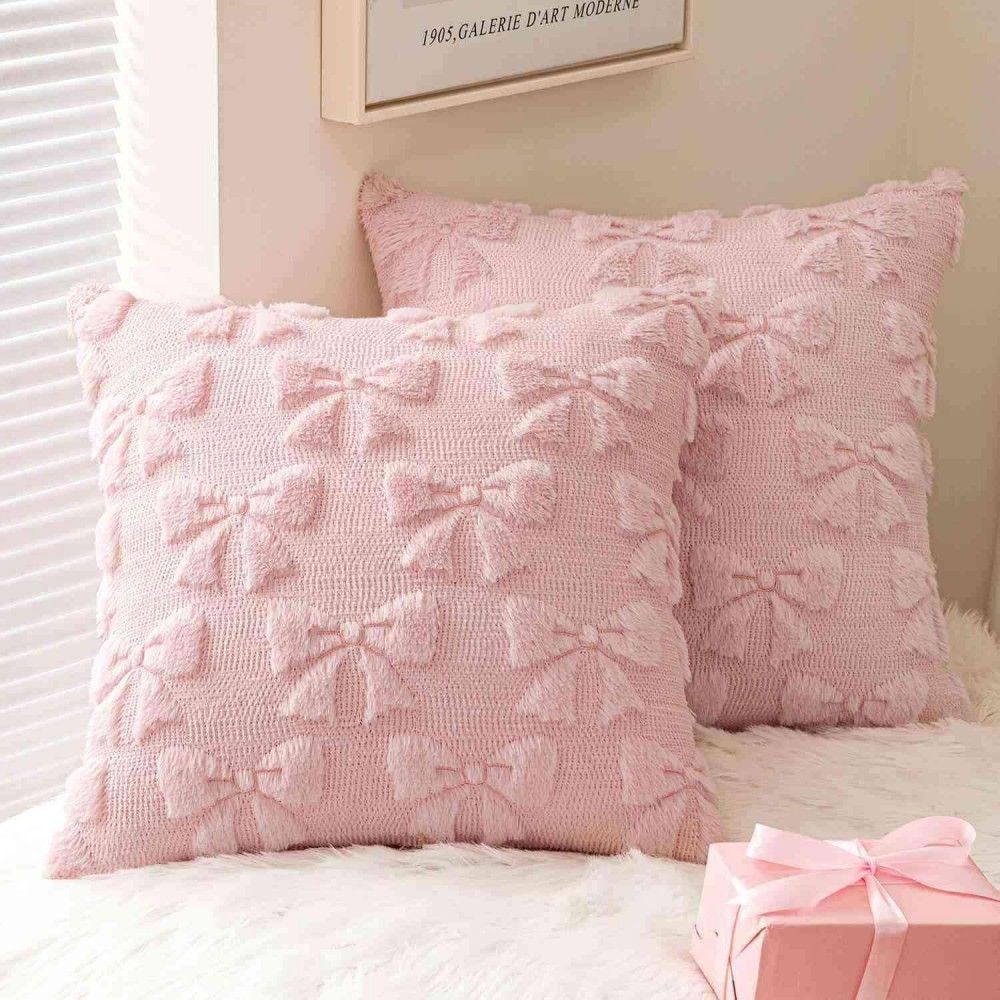 Decorative Coquette Bow Pillow Covers Light Pink 16x16-inch