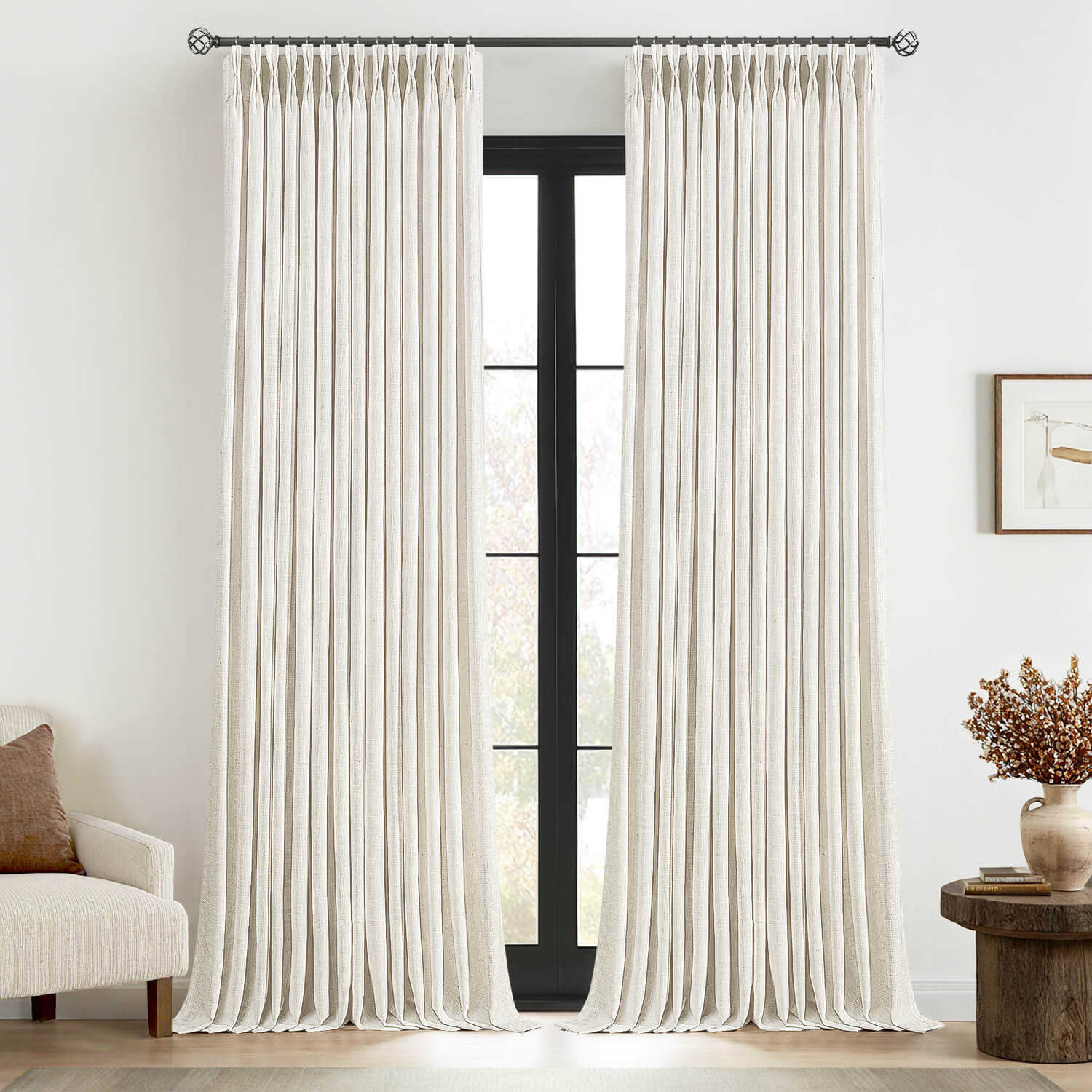 MIULEE Pinch Pleated Linen Curtains 102 Inches Long 2 Panels for Living Room Bedroom Thick Texture Linen Drapes Pinch Pleat Back Tab Light Filtering Neutral Ivory Cream Farmhouse Window Curtains
