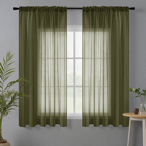 Miulee Sheer Curtains Linen Textured Rod Pocket Light Filtering Voile Window Drapes Olive green 42Wx45L