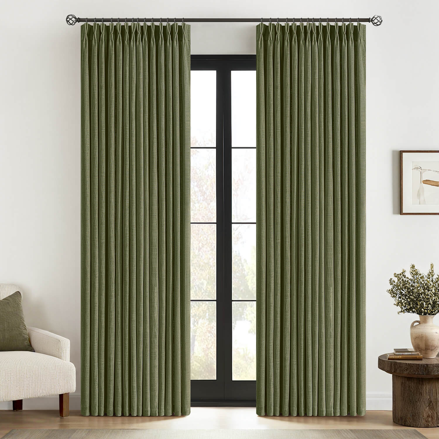 MIULEE Olive Green Pinch Pleated Linen Curtains 90 Inches Long 2 Panels for Living Room Bedroom Thick Texture Linen Drapes Pleat Back Tab Semi Sheer Moss Green Window Curtains with Hooks&Rings