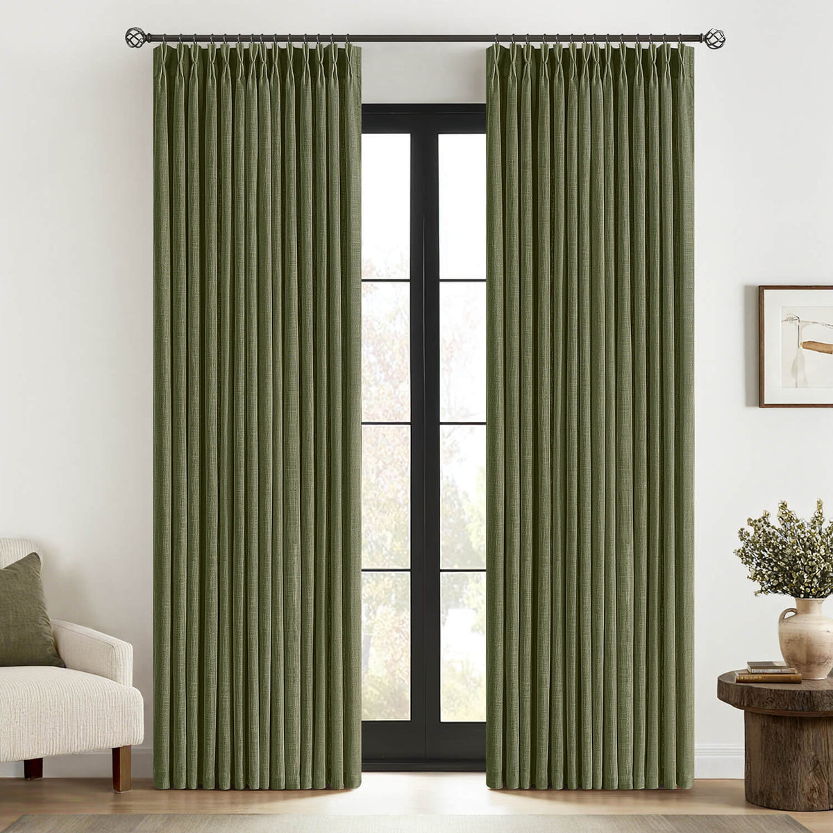 MIULEE Olive Green Pinch Pleated Linen Curtains 90 Inches Long 2 Panels for Living Room Bedroom Thick Texture Linen Drapes Pleat Back Tab Semi Sheer Moss Green Window Curtains with Hooks&Rings