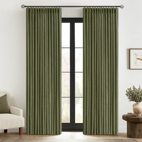 MIULEE Olive Green Pinch Pleated Linen Curtains 90 Inches Long 2 Panels for Living Room Bedroom Thick Texture Linen Drapes Pleat Back Tab Semi Sheer Moss Green Window Curtains with Hooks&Rings