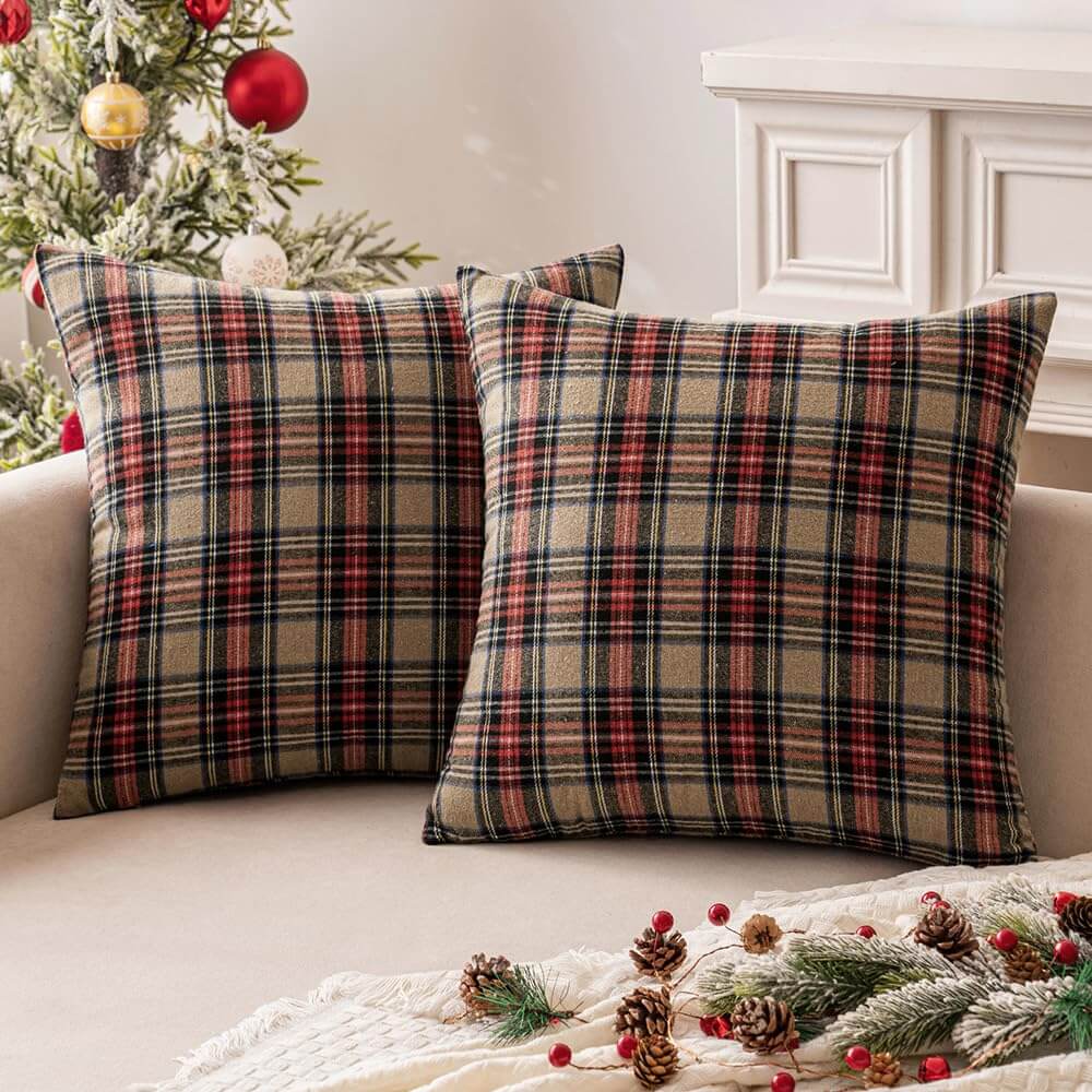 Scottish Tartan Plaid Lumbar Throw Pillow Covers Khaki 26x26-inch