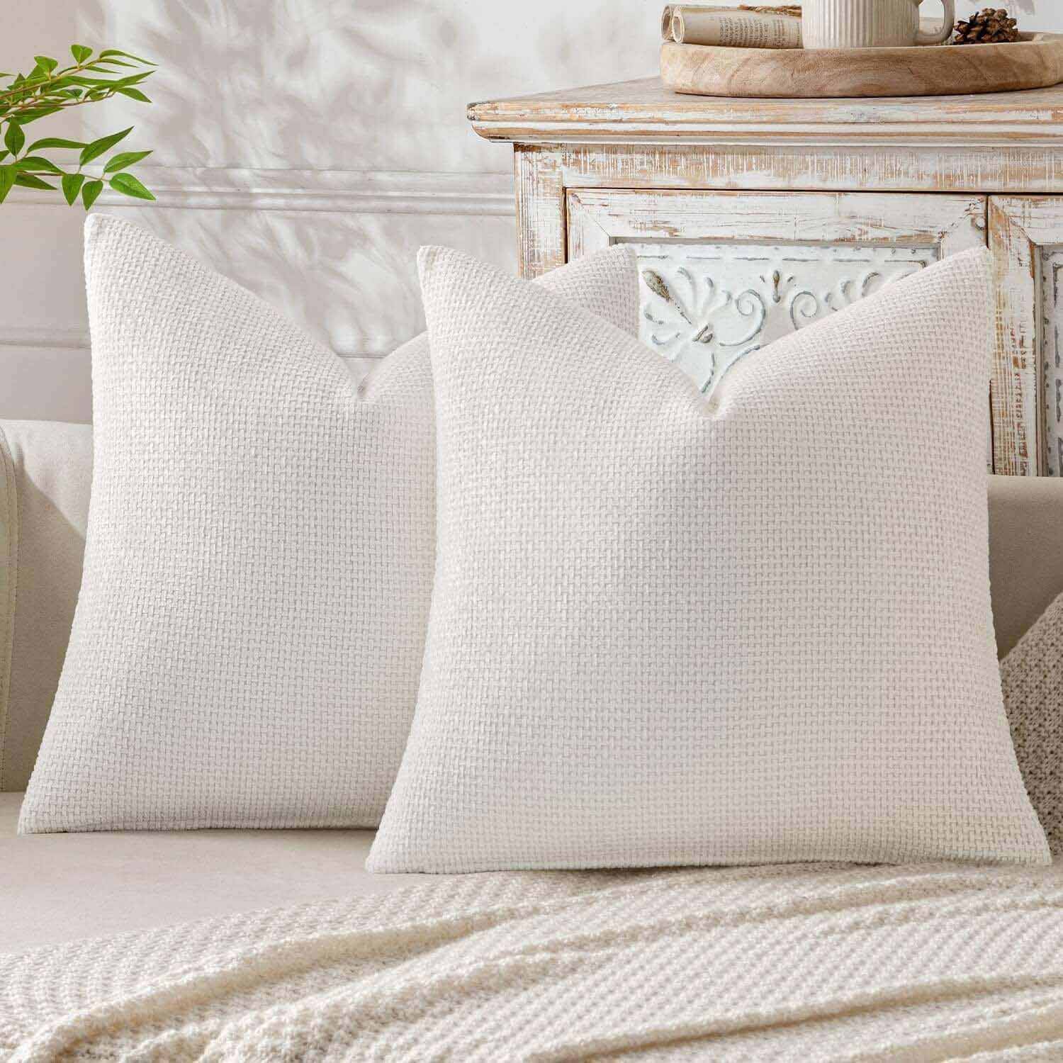 Soft Farmhouse Chenille Throw Pillows Covers Pure White 20x20-inch