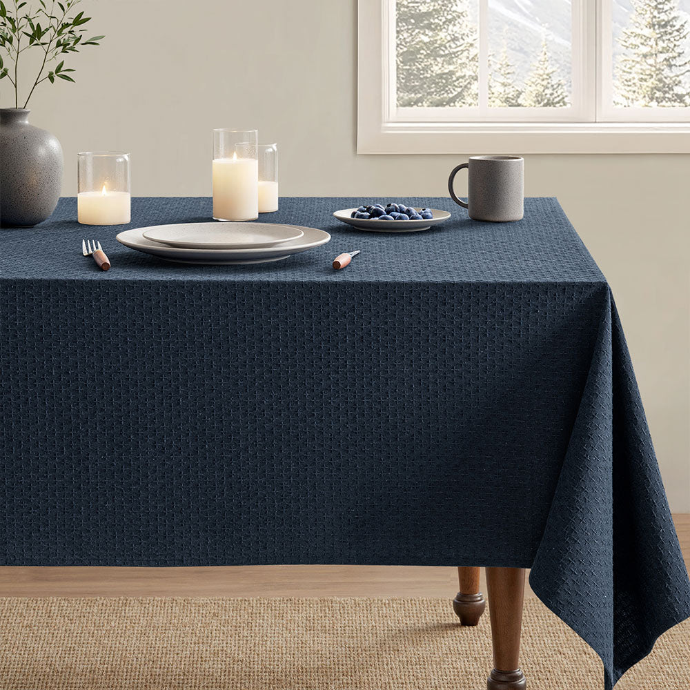 Linen Farmhouse Waterproof Spillproof Cross-Star Textured Tablecloth Navy 70Lx52W