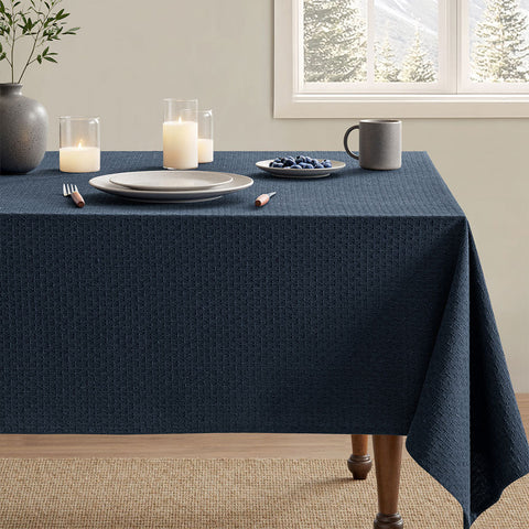 Linen Farmhouse Waterproof Spillproof Cross-Star Textured Tablecloth Navy 70Lx52W
