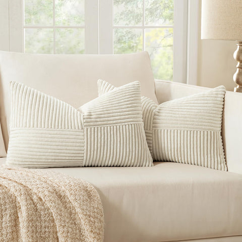 MIULEE Beige Corduroy Pillow Covers Pack of 2 Boho Decorative Spliced Throw Pillow Covers Soft Solid Couch Pillowcases Cross Patchwork Textured Cushion Covers for Living Room Bed Sofa 14x24 inch