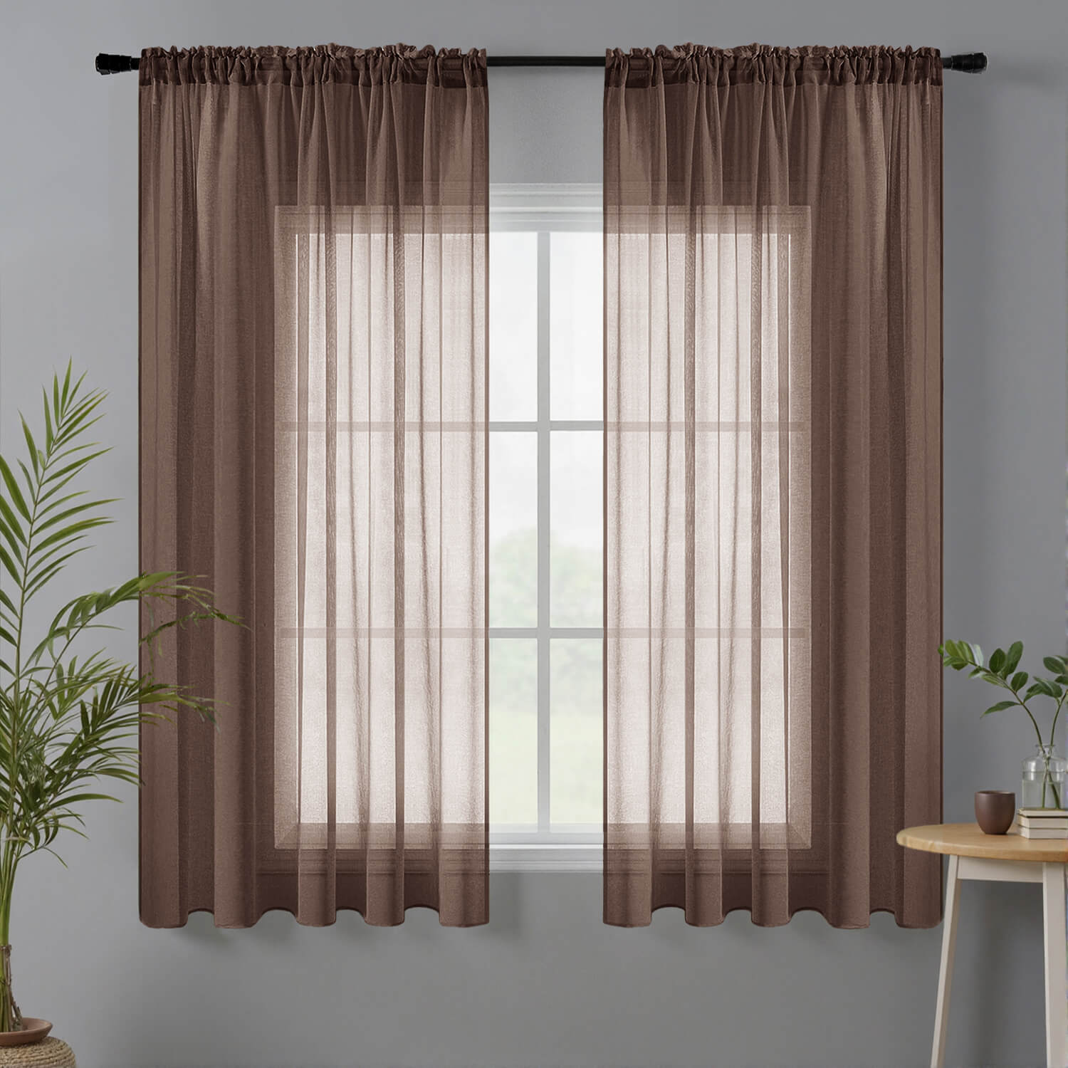 Miulee Sheer Curtains Linen Textured Rod Pocket Light Filtering Voile Window Drapes Chocolate Brown 42Wx45L