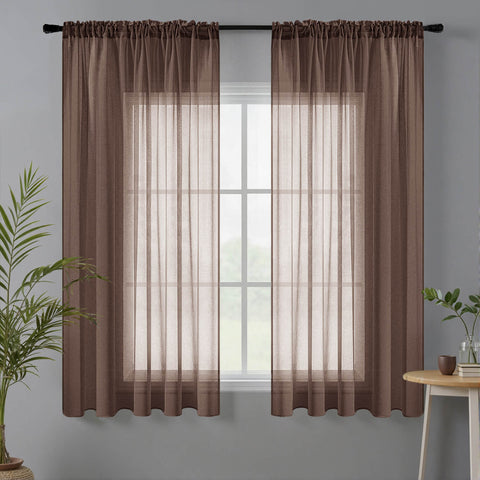 Miulee Sheer Curtains Linen Textured Rod Pocket Light Filtering Voile Window Drapes Chocolate Brown 42Wx45L
