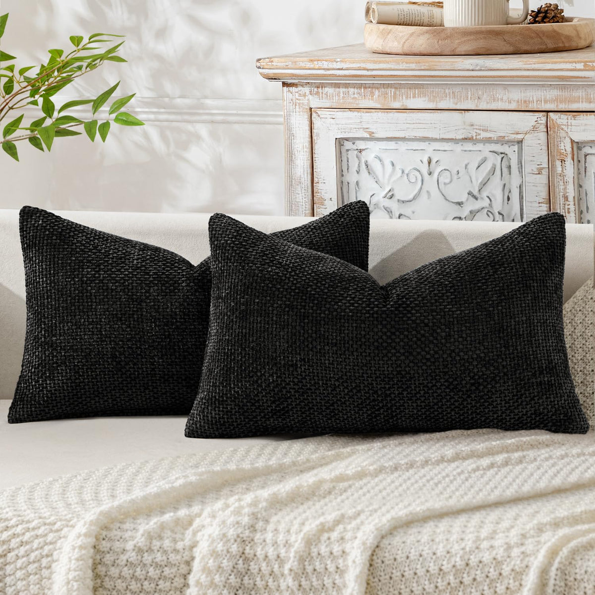 MIULEE Pack of 2 Black Decorative Pillow Covers 20x12 Inch Soft Chenille Couch Throw Pillows Farmhouse Cushion Covers for Home Decor Sofa Bedroom Living Room