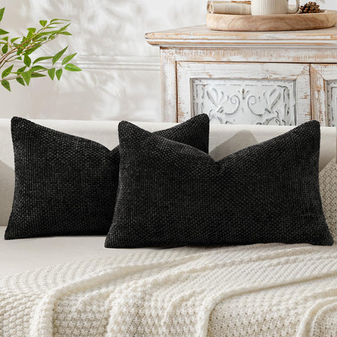 MIULEE Pack of 2 Black Decorative Pillow Covers 20x12 Inch Soft Chenille Couch Throw Pillows Farmhouse Cushion Covers for Home Decor Sofa Bedroom Living Room