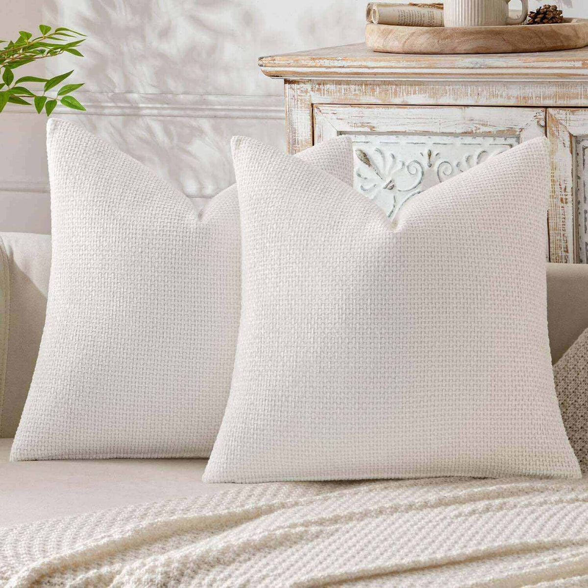 Soft Farmhouse Chenille Throw Pillows Covers Pure White 18x18-inch