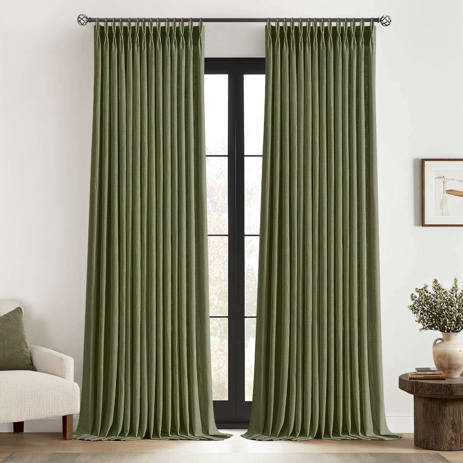MIULEE Olive Green Pinch Pleated Linen Curtains 102 Inches Long 2 Panels for Living Room Bedroom Thick Texture Linen Drapes Pleat Back Tab Semi Sheer Moss Green Window Curtains with Hooks&Rings